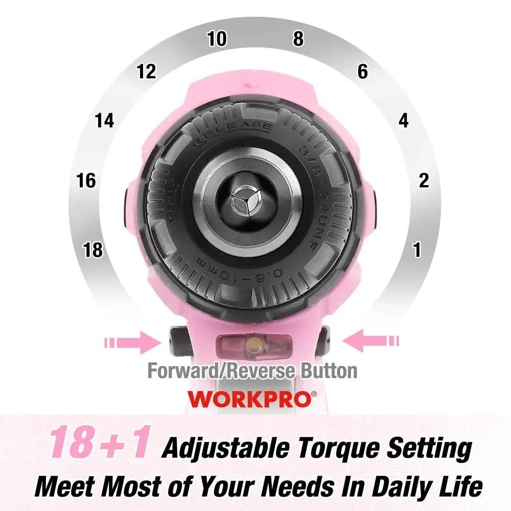 Cordless Drill Driver 12V Pink Hand Tool Set 18 1 Torque Adjustment Lithium-ion Battery 177 in-lbs Torque Portable Storage Bag
