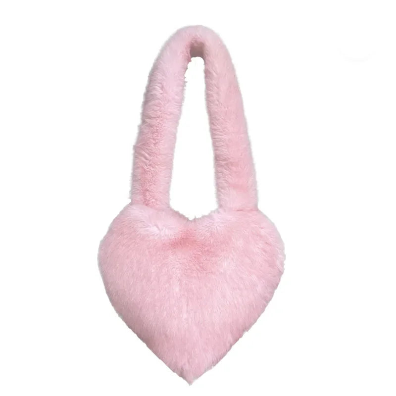 Love Heart Female Pink Plush Handbags Large Capacity Women's Faux Fur Crossbody Bag Tote Y2k Hot Girls Fluffy Shoulder Bags