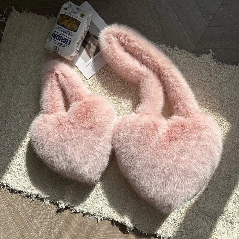 Love Heart Female Pink Plush Handbags Large Capacity Women's Faux Fur Crossbody Bag Tote Y2k Hot Girls Fluffy Shoulder Bags