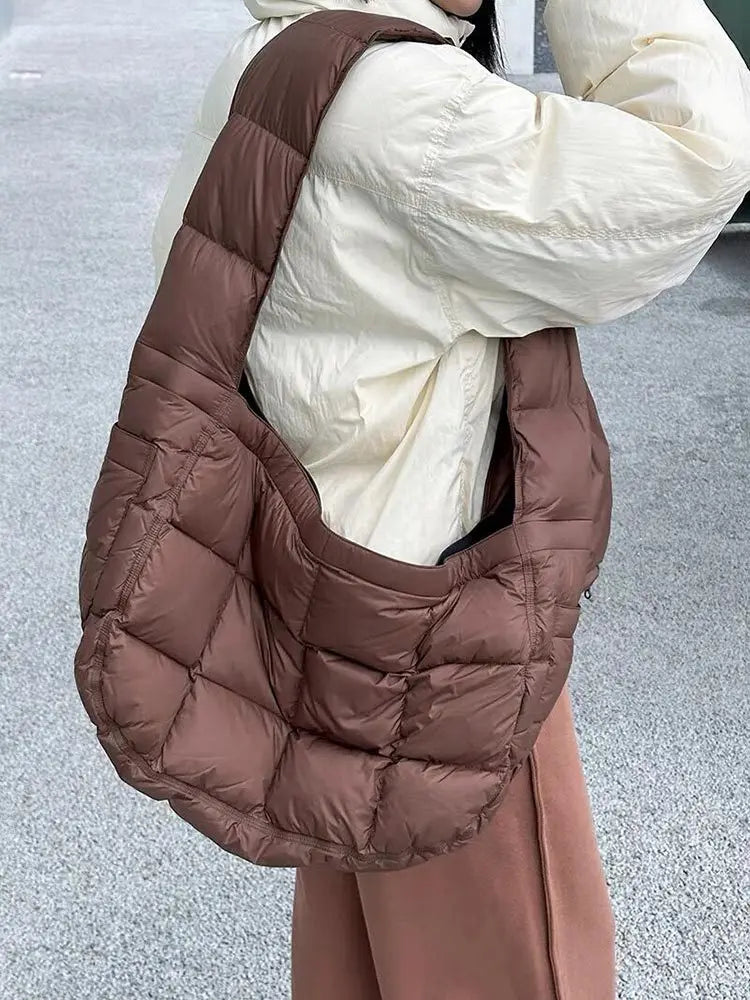 Women Padded Quilted Crossbody Korean Fashion Hobos Shoulder Bag Large Capacity Half Moon Handbag Lightweight Winter Tote Bags