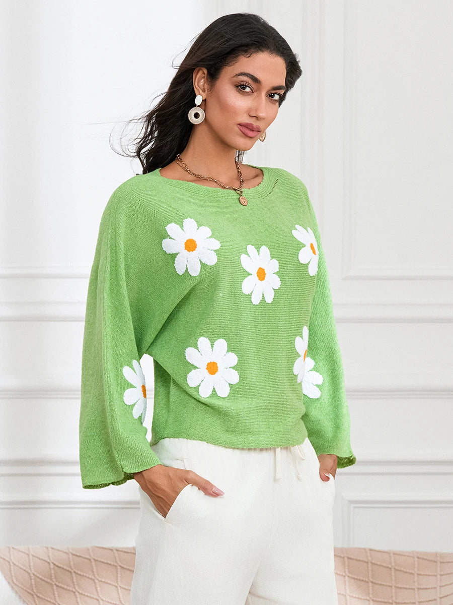Women Loose Knit Sweater Sweet Flower Embroidered Long Sleeve Boat Neck Pullovers Spring Fall Casual Jumpers Tops