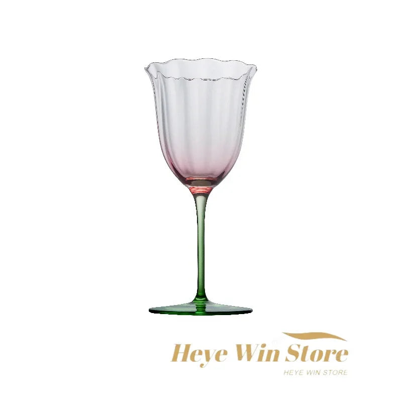 French Floral Cocktail Glass Household Luxury Retro Flower Red Wine Goblet Crystal Glass Pink Green Champagne Cup Cocktail Cup