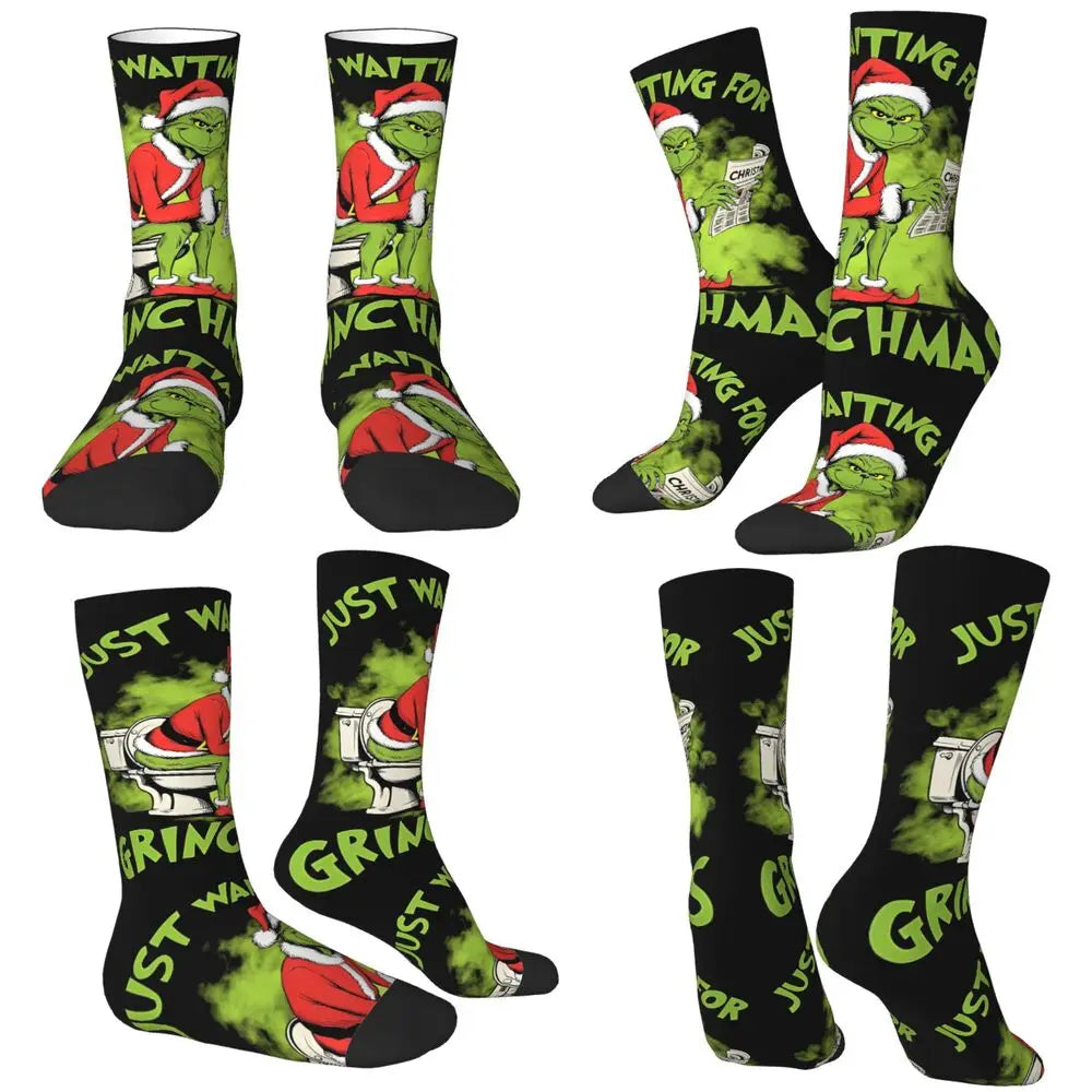 Unisex Men Socks Christmas-S-Green-S-Grinching Just Waiting for Christmas Stockings Winter Kawaii Socks Climbing Non Skid Socks