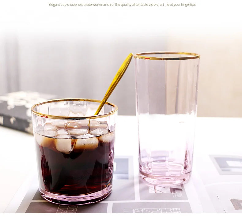 Nordic Creative Pink Cocktail Glass Lead-Free Crystal Home Champagne Wine Glasses Set Goblet Juice Water Cup Golden Edge Kettle