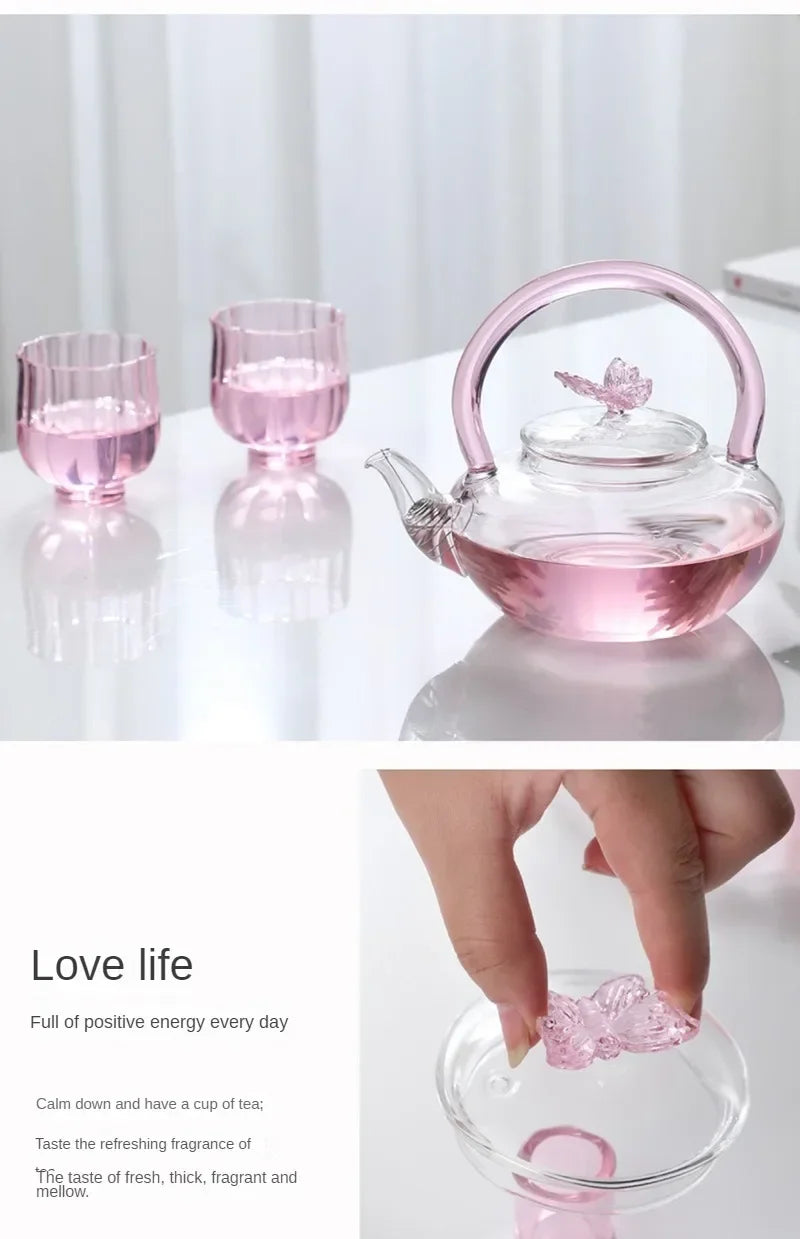 Tea Pot  Pink Butterfly High Borosilicate Transparent Glass Beam Pot Clay Stove Tea Kettle Tea Cup