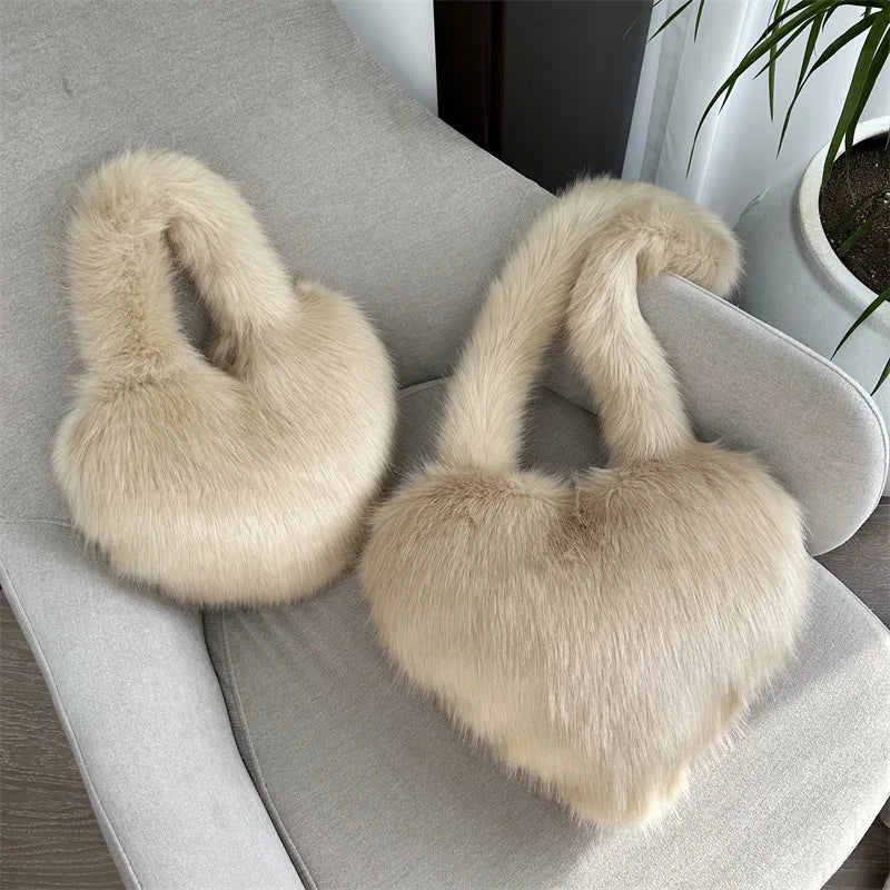 Love Heart Female Pink Plush Handbags Large Capacity Women's Faux Fur Crossbody Bag Tote Y2k Hot Girls Fluffy Shoulder Bags
