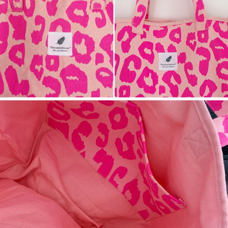 Pink Leopard Print Women Handbag Large Capacity Single Tote