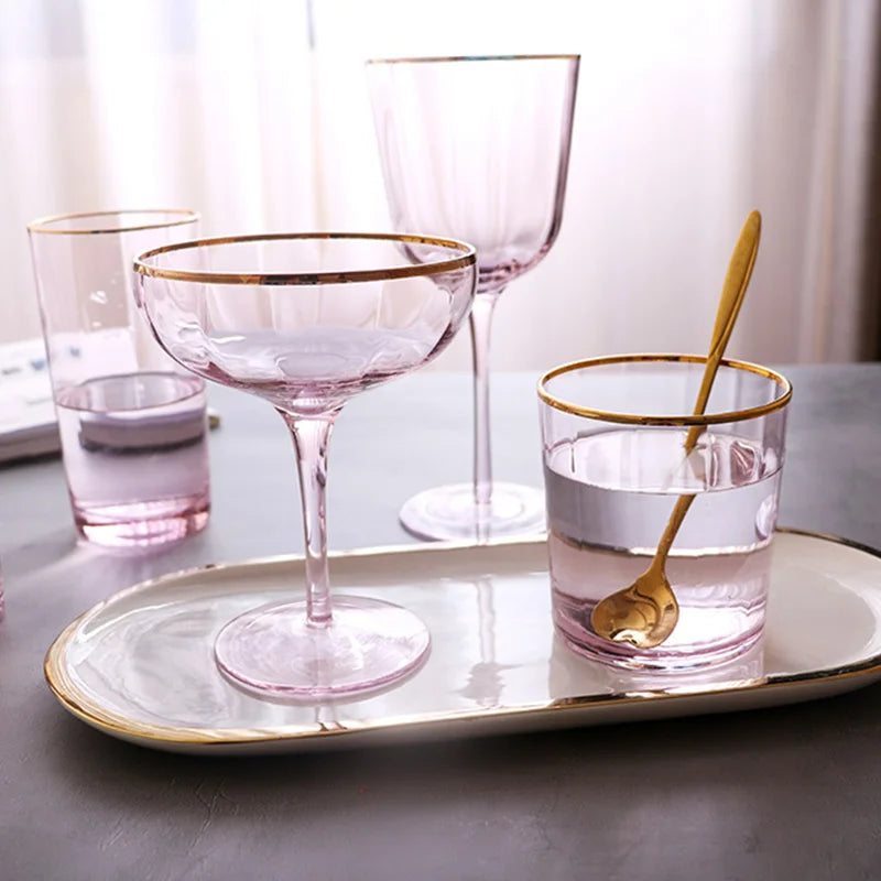 Nordic Creative Pink Cocktail Glass Lead-Free Crystal Home Champagne Wine Glasses Set Goblet Juice Water Cup Golden Edge Kettle