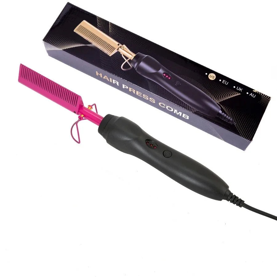 Electric Pink Hot Comb Professional Fast Heating Styling Comb Hair Straightener Portable Anti-Scald Straightening Press Comb