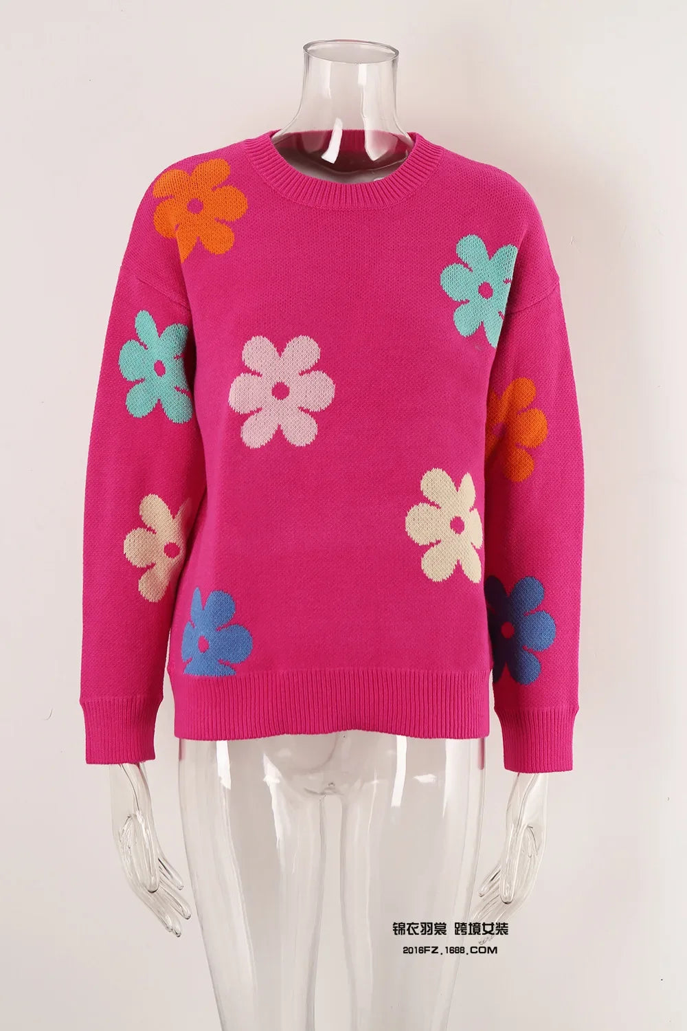 Spell Color Flower Round Collar Pullover Knitted Sweater