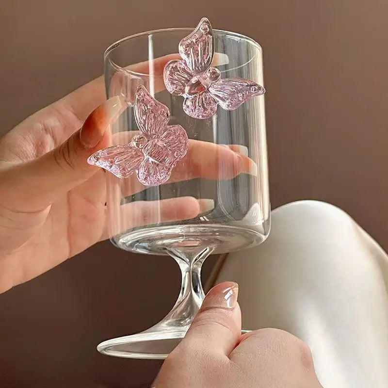 Pink Butterfly-Shaped Glass Goblet for Women，Cute Champagne Water Glass Home Wine Glass， Juice Ideal Holiday Gift Perfect Cup