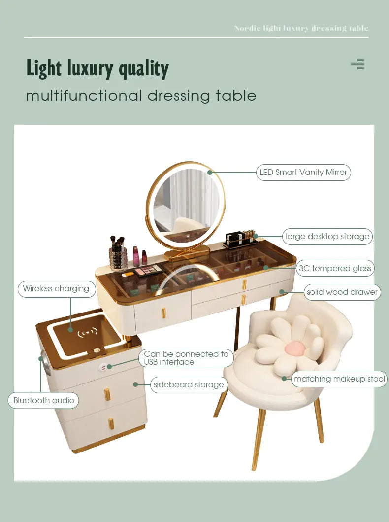 Multifunction Wireless Charging Princess Dressing Table Convertible Bedroom Smart Makeup Vanity With LED Mirror