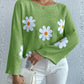 Women Loose Knit Sweater Sweet Flower Embroidered Long Sleeve Boat Neck Pullovers Spring Fall Casual Jumpers Tops