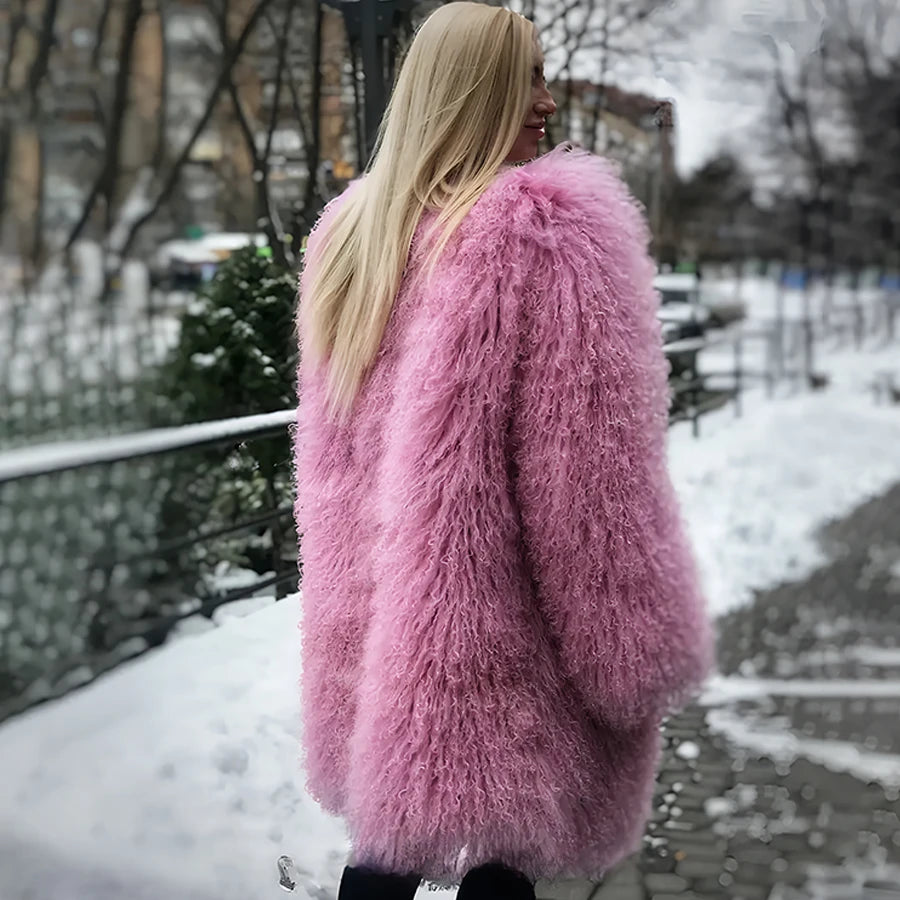 Ladies Sheep Skin Coat For Women Mongolia Sheep Fur Coats Pink Sheepskin Coat Winter Fashion Lamb Coats