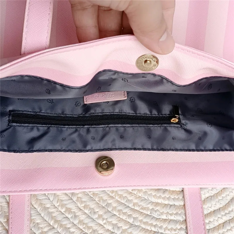 Large capacity vertical stripe Tote bag women Chic PU leather simple shoulder bag fashion casual ladies commuter bag pink/blue