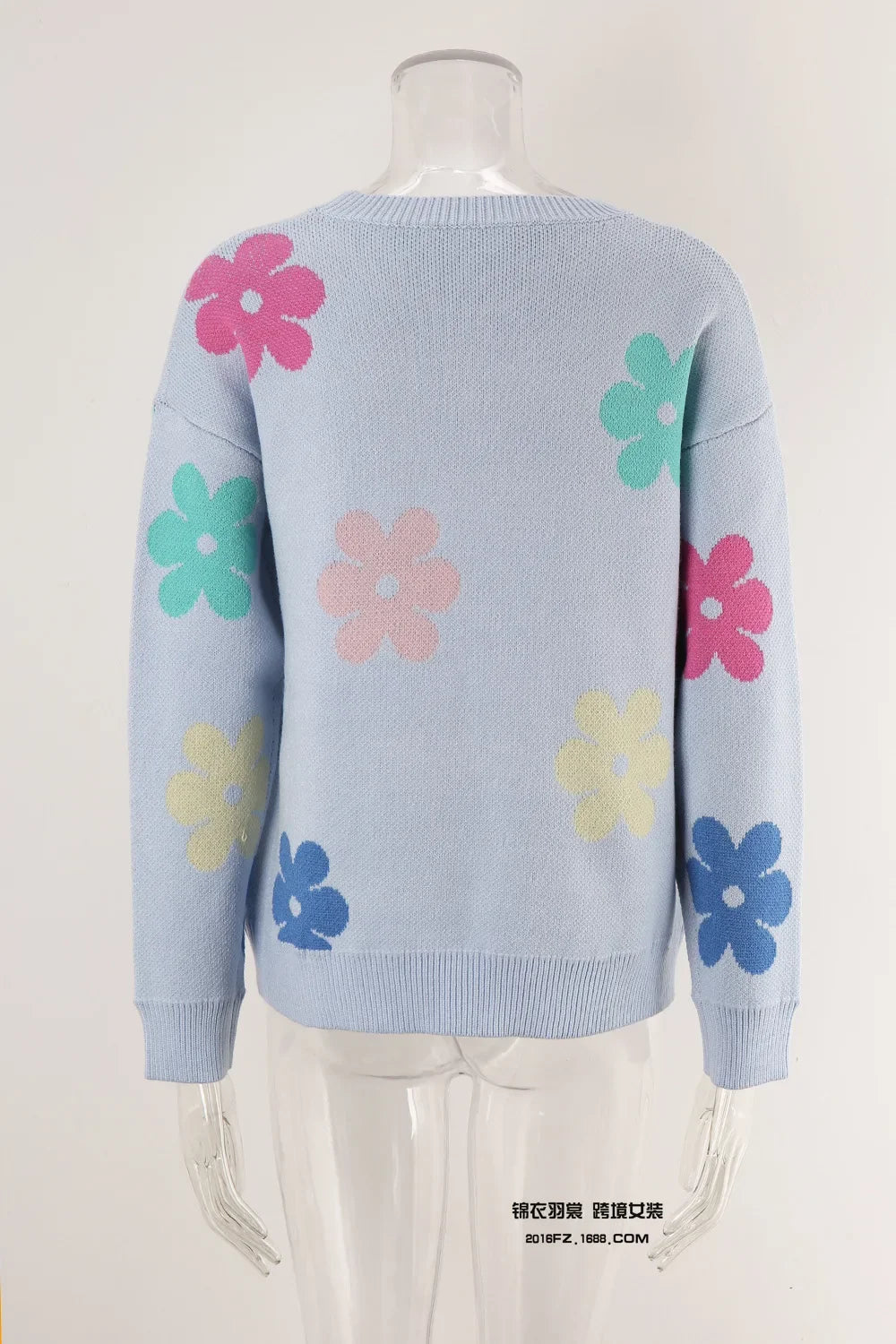 Spell Color Flower Round Collar Pullover Knitted Sweater