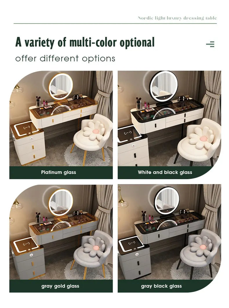 Multifunction Wireless Charging Princess Dressing Table Convertible Bedroom Smart Makeup Vanity With LED Mirror