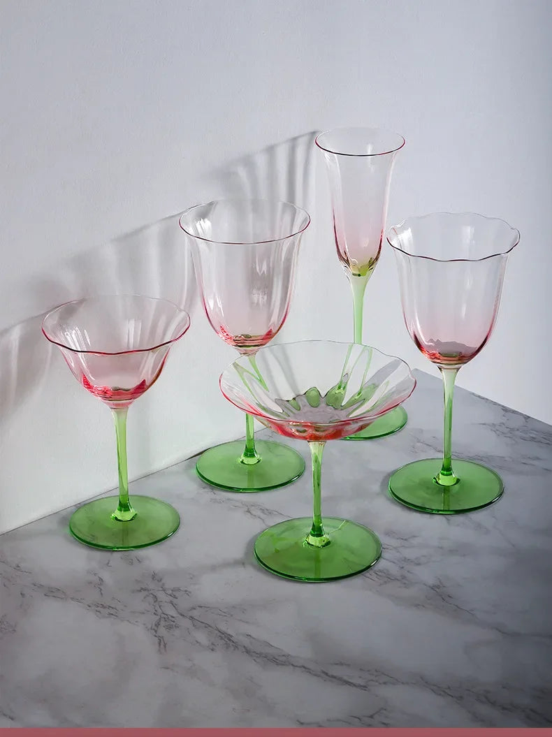 French Floral Cocktail Glass Household Luxury Retro Flower Red Wine Goblet Crystal Glass Pink Green Champagne Cup Cocktail Cup