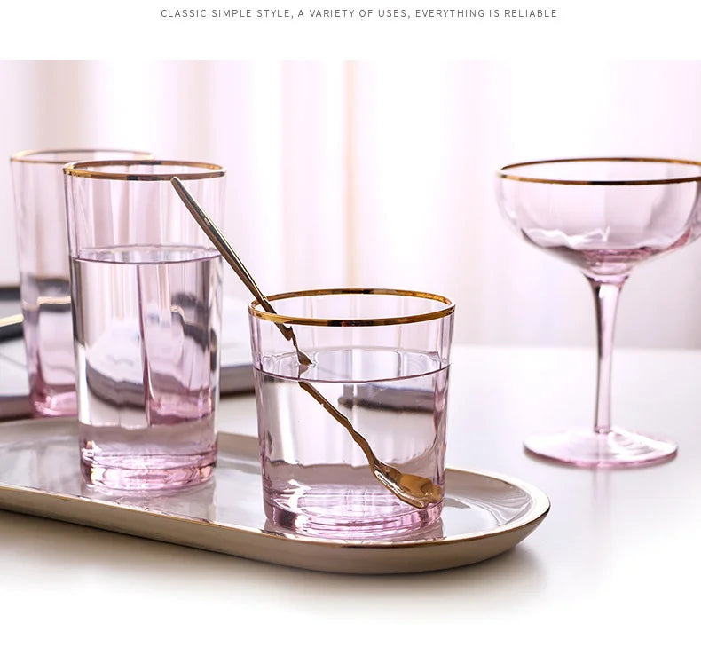 Nordic Creative Pink Cocktail Glass Lead-Free Crystal Home Champagne Wine Glasses Set Goblet Juice Water Cup Golden Edge Kettle