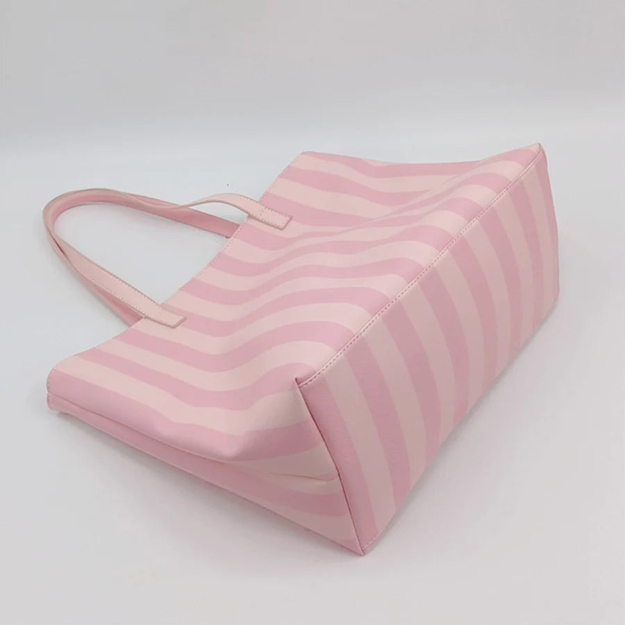 Large capacity vertical stripe Tote bag women Chic PU leather simple shoulder bag fashion casual ladies commuter bag pink/blue