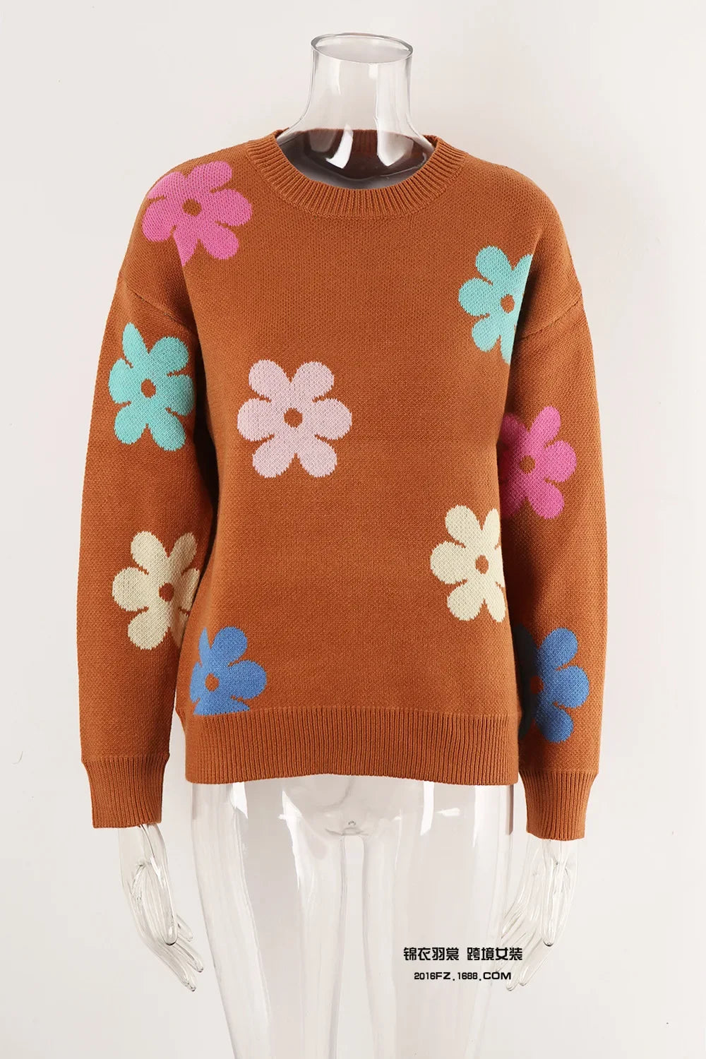Spell Color Flower Round Collar Pullover Knitted Sweater