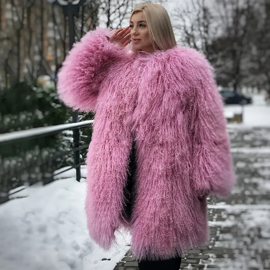 Ladies Sheep Skin Coat For Women Mongolia Sheep Fur Coats Pink Sheepskin Coat Winter Fashion Lamb Coats