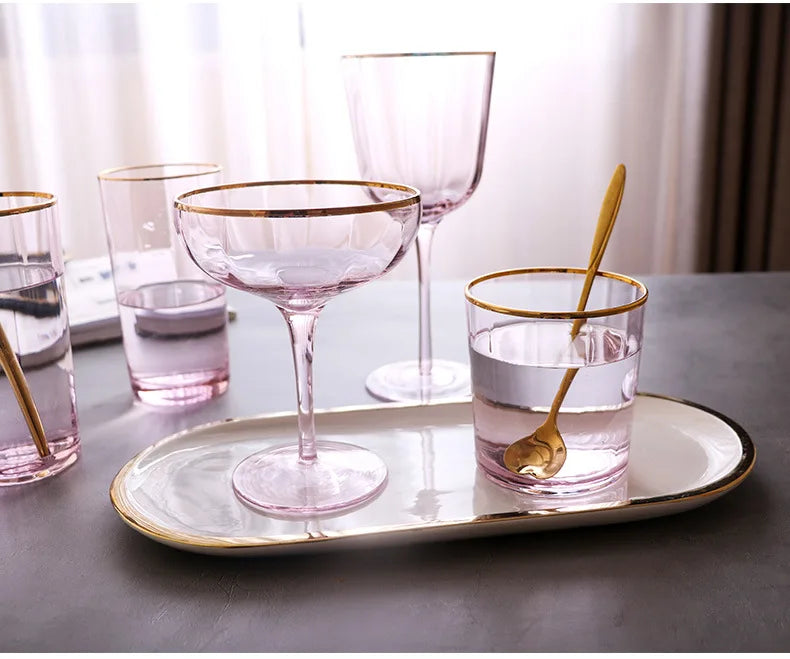 Nordic Creative Pink Cocktail Glass Lead-Free Crystal Home Champagne Wine Glasses Set Goblet Juice Water Cup Golden Edge Kettle