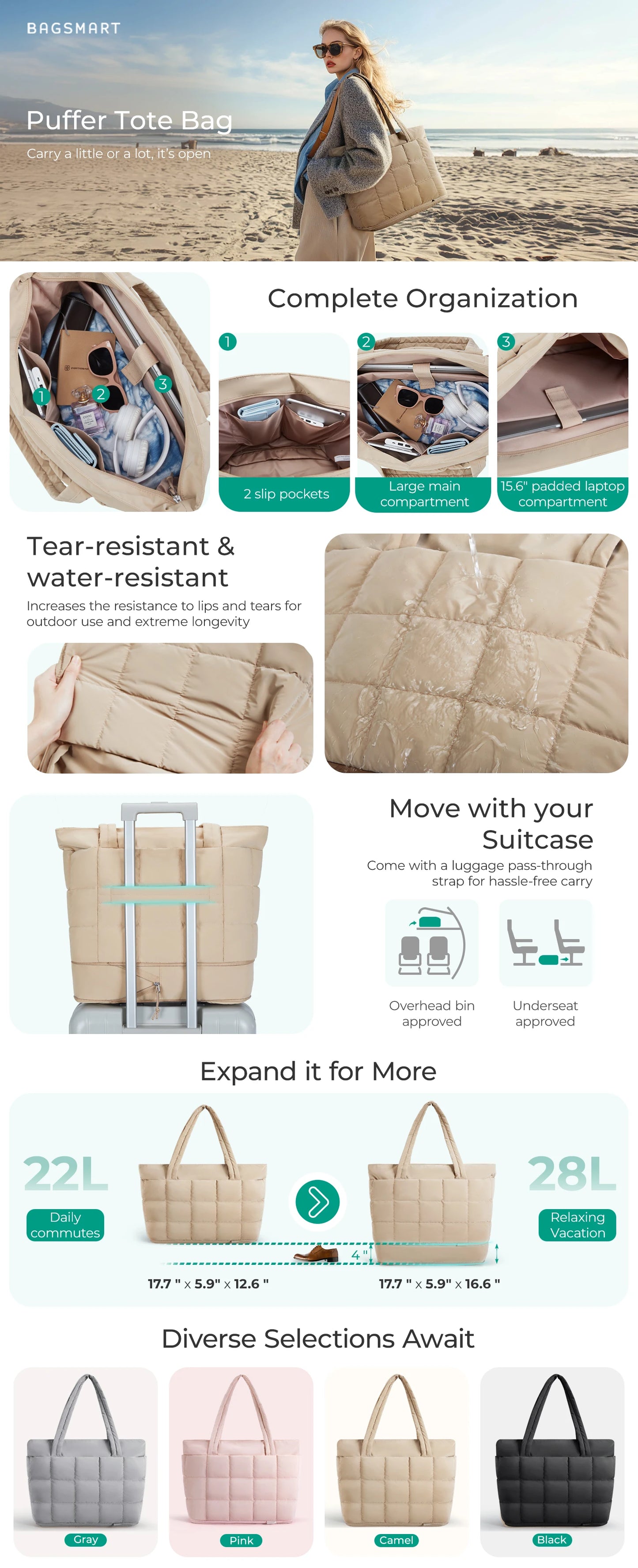 BAGSMART Expandable Tote Bag for Women Puffer Shoulder Tote Bag With Zipper 28L Travel Bags Casual Handbags Nurse Bag